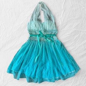 Y2K teal ombre tulle prom dress fairy core halter mini